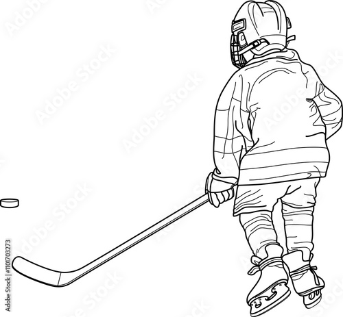 Photography HOCKEY Kid, Child, Minor (Youth) Hockey Mite PLAYER back, skater figure from beh