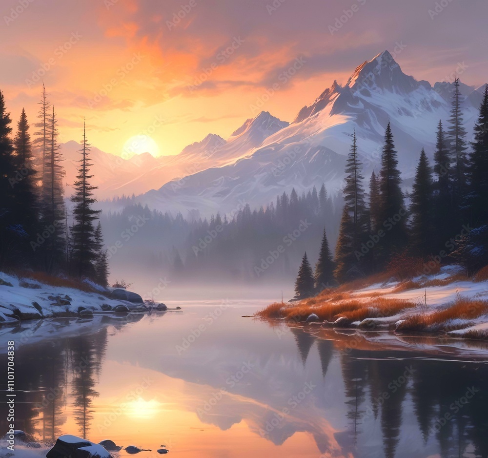 Illustration of winter landscape with high mountain and frozen lake. Illustration of winter landscape with high mountain and frozen lake.