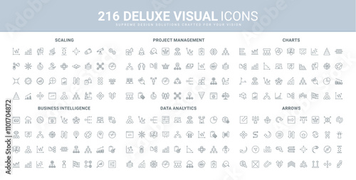 Data research, business analytics and intelligence, scaling and scalable arrows line icon set. Digital solution and idea, charts, project management thin black outline symbols vector illustration