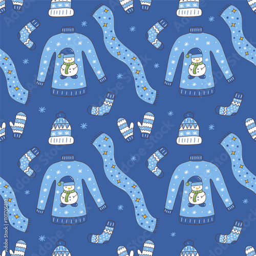 Seamless Christmas pattern with winter clothes on blue background. Sweater and hat, mittens and warm socks, scarf. Snowing. Colorful vector illustration hand drawn doodle. New Year holiday print