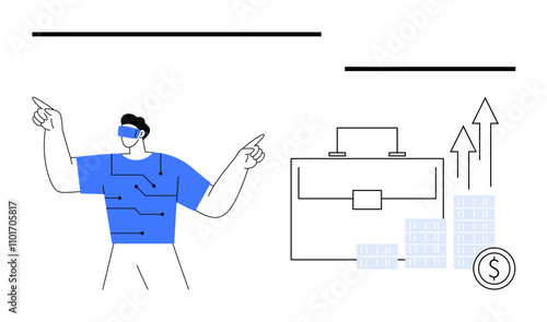 Person in VR headset interacting with virtual elements, business briefcase with rising graph arrows, stacks of coins. Ideal for technology, finance, business strategy, innovation, virtual reality