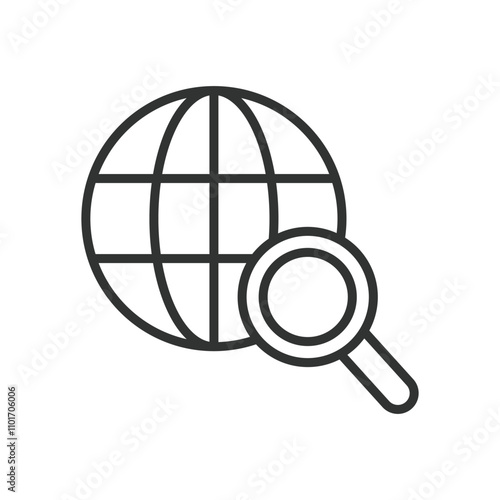 Search in a world, icon in line design. Search, world, global, find, discover, map, location on white background vector. Search in a world editable stroke icon
