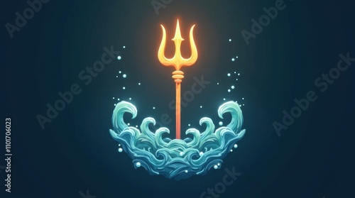 Poseidon Icon with Trident Piercing Stylized Waves
