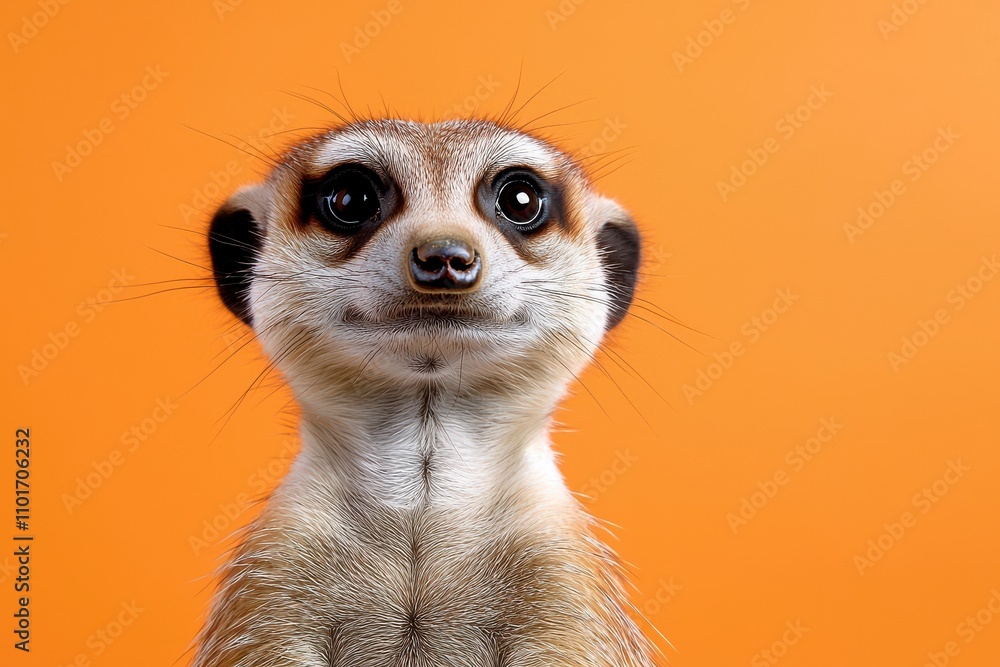 Fototapeta premium A captivating close-up of a meerkat's face and upper body, set against a vibrant orange background.