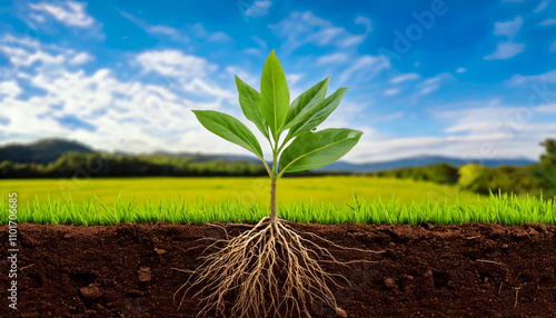 A young green plant with visible roots growing in rich soil, symbolizing growth, sustainability, and environmental health, set against a vibrant sky and lush landscape