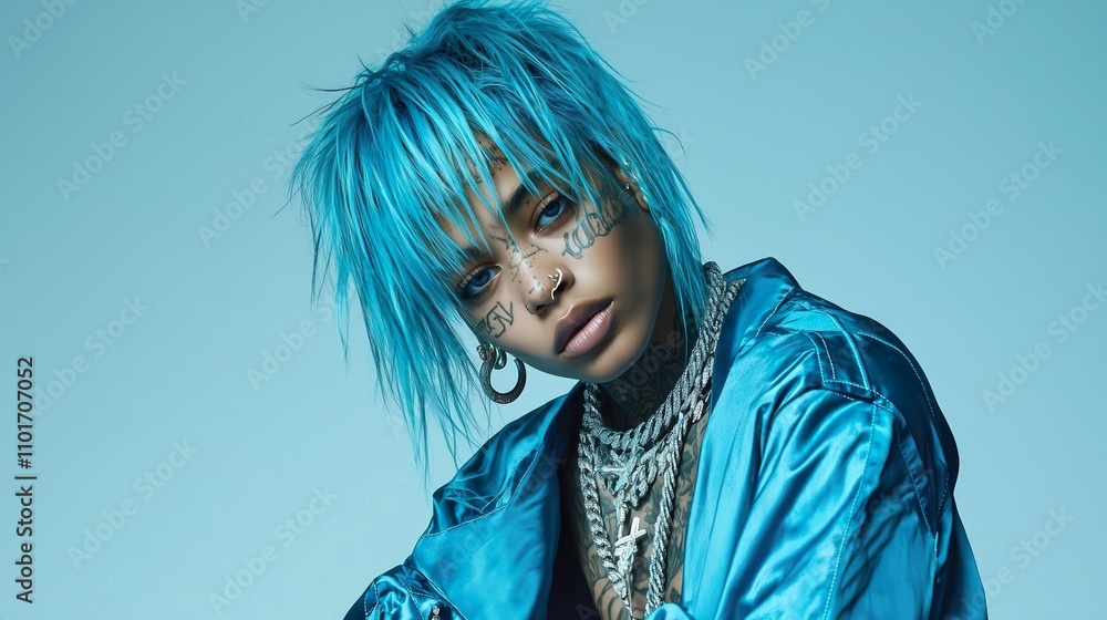close-up portrait of a woman with electric blue hair, short layered style, wearing a matching shiny blue jacket and silver jewelry, soft light teal background, contemporary edgy fashion aesthetic close-up portrait of a woman with electric blue hair, short layered style, wearing a matching shiny blue jacket and silver jewelry, soft light teal background, contemporary edgy fashion aesthetic
