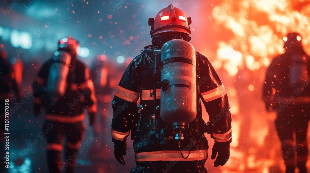 A firefighter in gear approaches a blaze, highlighting bravery and emergency response. A firefighter in gear approaches a blaze, highlighting bravery and emergency response.