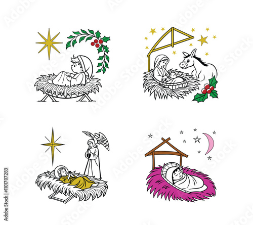 Christmas baby Jesus vector silhouette set 