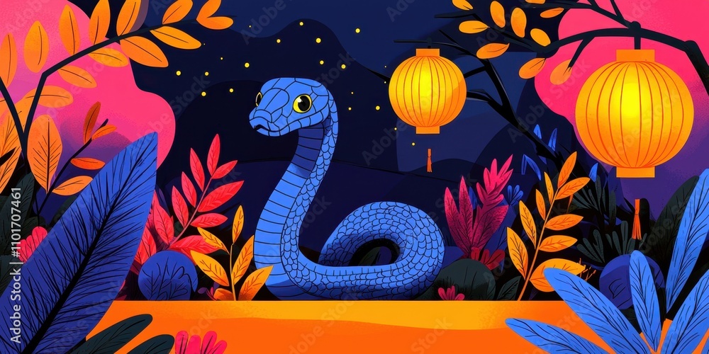 2025 Lunar New Year concept with lanterns and snake zodiac. Colorful illustration of a blue serpent among vibrant foliage and lanterns 2025 Lunar New Year concept with lanterns and snake zodiac. Colorful illustration of a blue serpent among vibrant foliage and lanterns