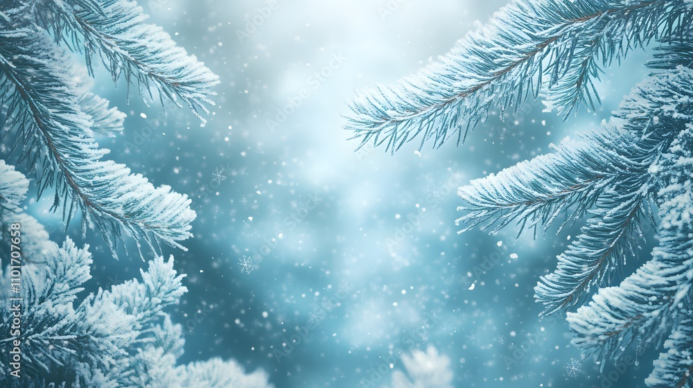 Snow covered pine branches winter wonderland scene Snow covered pine branches winter wonderland scene