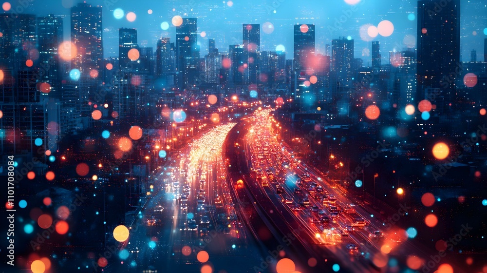 Fototapeta premium Bokeh Digital Art Engineers Collaborating on Robotic Systems in Futuristic Workshop with Copy Space