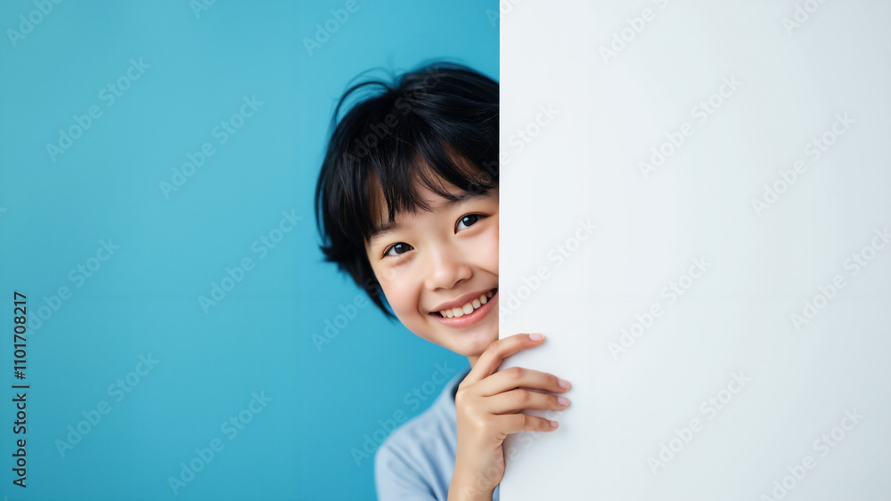 Playful Vietnamese Woman Peeking Behind Blank Banner: Perfect for Marketing, Branding, and Social Media Campaigns Playful Vietnamese Woman Peeking Behind Blank Banner: Perfect for Marketing, Branding, and Social Media Campaigns