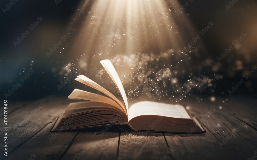 an open book resting on a wooden table. an open book resting on a wooden table.