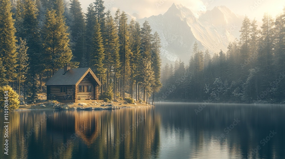 Fototapeta premium â€¢ Peaceful lakeside cabin surrounded by dense evergreen trees in winter, copy space, High quality, + --ar 16:9 --v 6.1 Job ID: b439c421-85d6-49dd-9c8d-c3bce4608f07