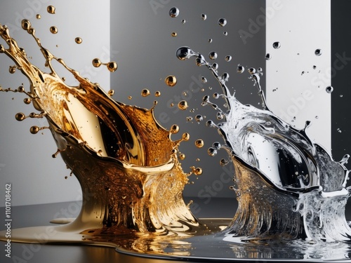 Metallic Gold and Silver Liquid Splash Shot. photo