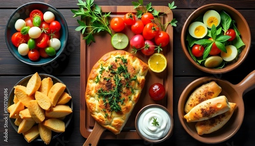 Wallpaper Mural Selection of traditional greek food - salad, meze, pie, fish, tzatziki, dolma on wood background, top view Torontodigital.ca