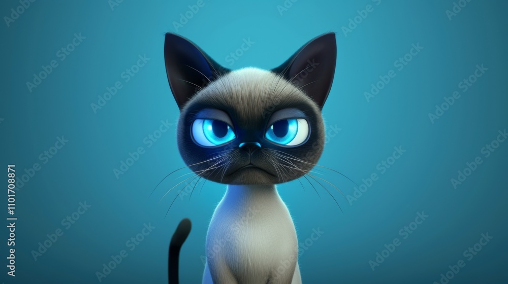 This animated Siamese kitten, featuring large, glowing blue eyes and a stern expression, is set against a plain blue background. The kitten's intense gaze and small posture create a striking, humorous This animated Siamese kitten, featuring large, glowing blue eyes and a stern expression, is set against a plain blue background. The kitten's intense gaze and small posture create a striking, humorous