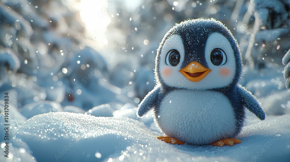 Adorable Penguin in Snowy Winter Scene 3D Cartoon Adorable Penguin in Snowy Winter Scene 3D Cartoon