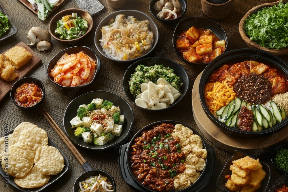 Fototapeta premium Asian food feast: diverse dishes, vibrant colors.