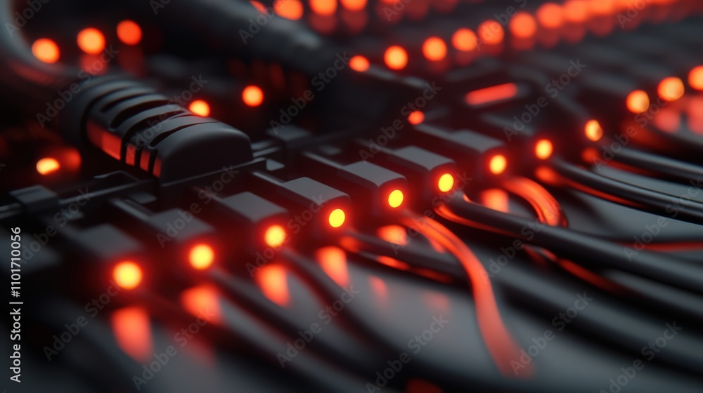 Close-up of glowing wires and connectors, arranged aesthetically Close-up of glowing wires and connectors, arranged aesthetically