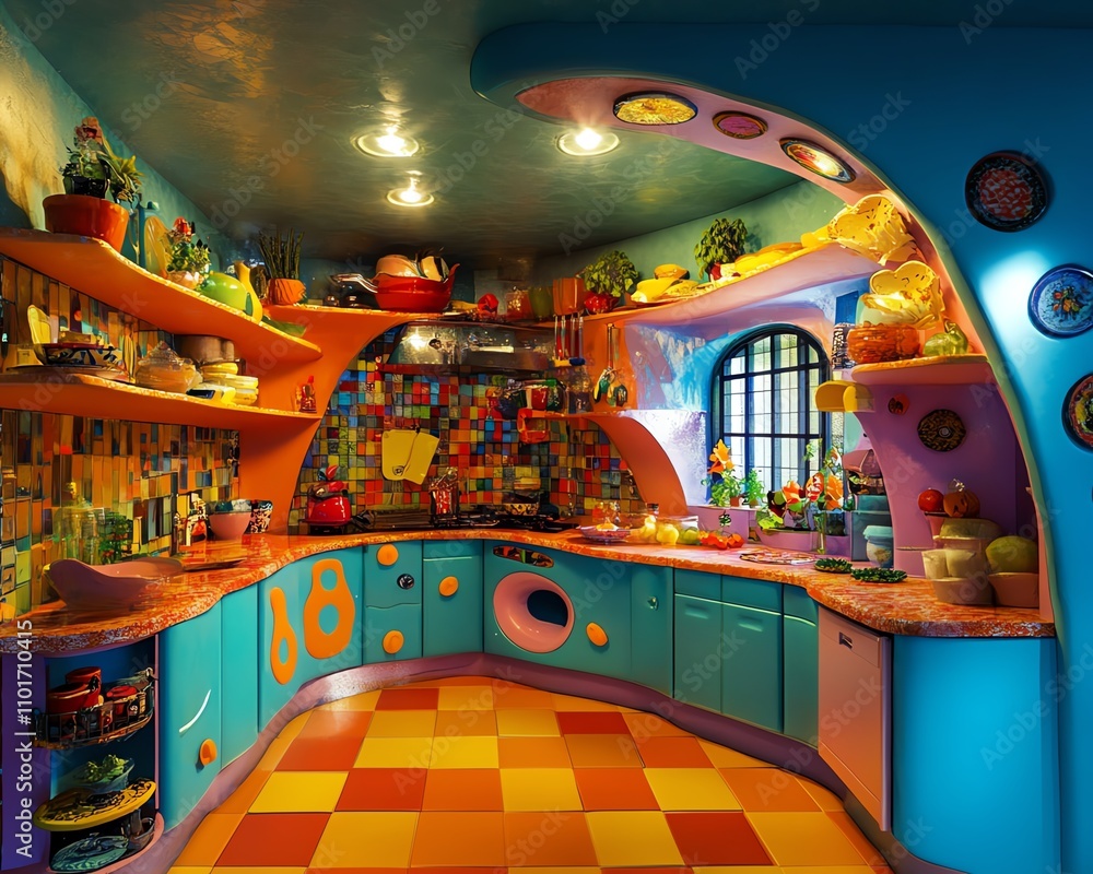 Naklejka premium Futuristic retro kitchen design. Curved pastel countertops, vibrant colors, and organic shapes create a unique and stylish space.