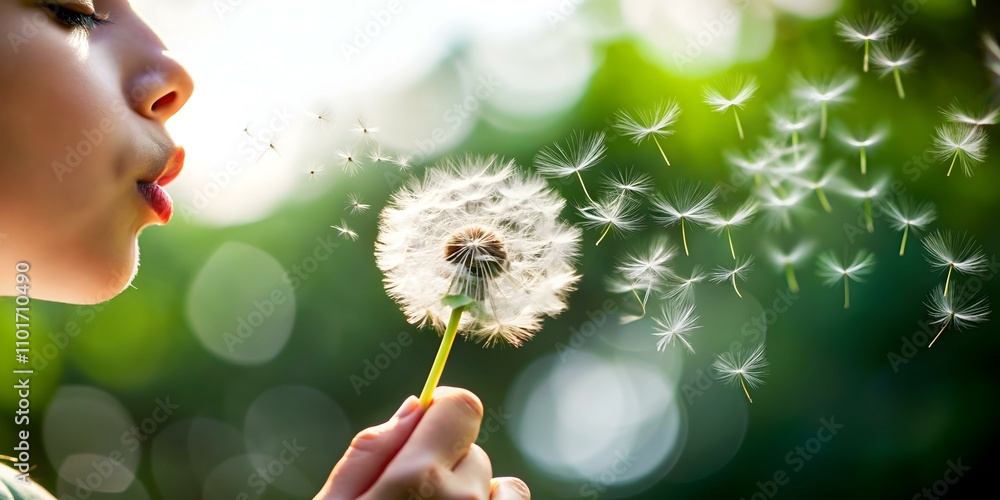 Macro Photo of Person Blowing Dandelion Seeds Floating Away for Mindfulness and Letting Go in Nature Macro Photo of Person Blowing Dandelion Seeds Floating Away for Mindfulness and Letting Go in Nature