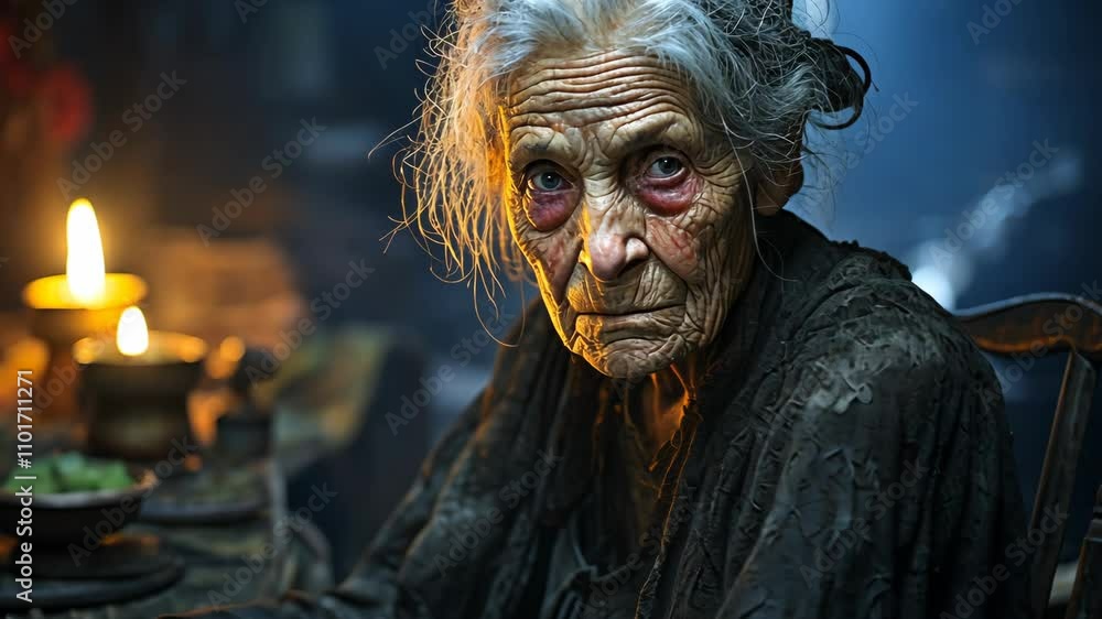 Elderly woman seated at a table in dim light with intense expression Elderly woman seated at a table in dim light with intense expression