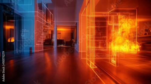 A futuristic interior showcasing digital overlays of fire safety features in a modern home.