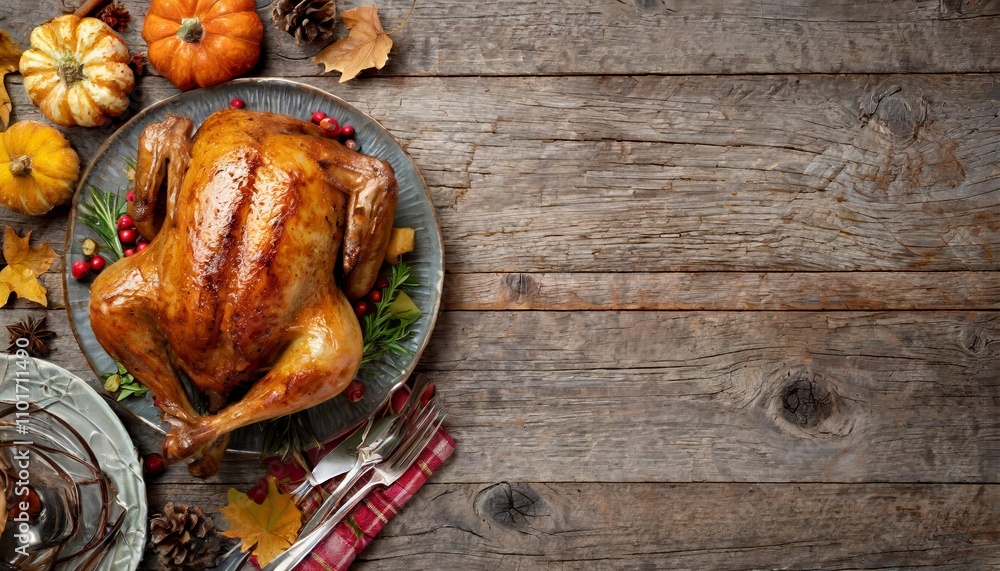 Top view of a perfectly roasted Thanksgiving turkey on a rustic wooden table with holiday decorations, surrounded by festive elements, creating warm seasonal vibes and ample copy space. Top view of a perfectly roasted Thanksgiving turkey on a rustic wooden table with holiday decorations, surrounded by festive elements, creating warm seasonal vibes and ample copy space.