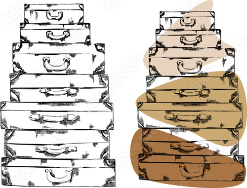 Vector liner sketch vintage suitcases illustration set, travel clipart