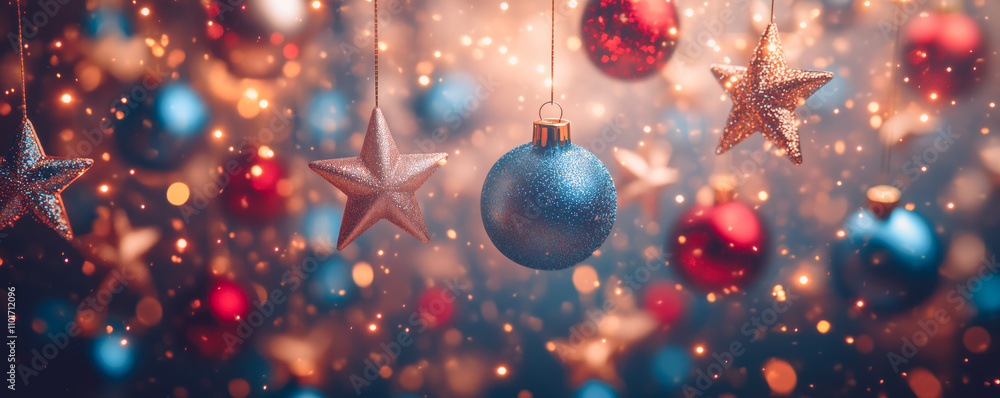 Beautiful simple Christmas background with sparkling lights and golden balls and stars. Card, banner and poster concept. Beautiful simple Christmas background with sparkling lights and golden balls and stars. Card, banner and poster concept.