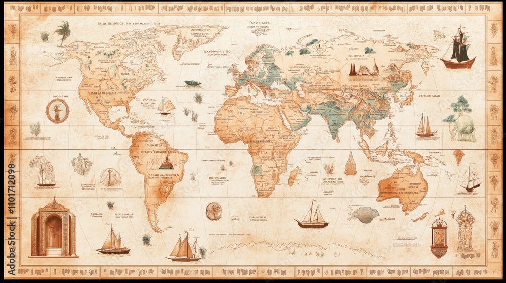 Fototapeta premium Antique-style world map illustration with decorative elements, ships, and mythical creatures alongside vintage geographic representations and artistic flourishes.