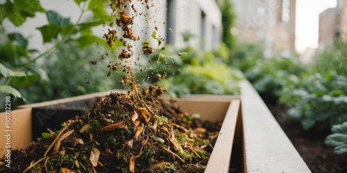 Recycling food scraps into compost urban garden closeup nature growth. photo