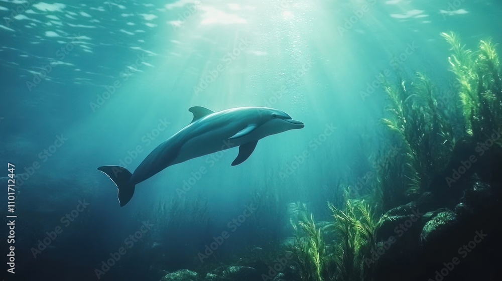 Naklejka premium Dolphin Swims Gracefully Through Underwater Kelp Forest