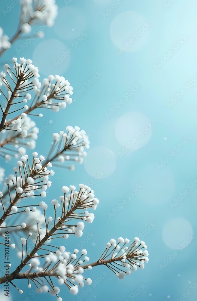 White snowflakes and pine branches on a light blue background. Space for text. Christmas card White snowflakes and pine branches on a light blue background. Space for text. Christmas card