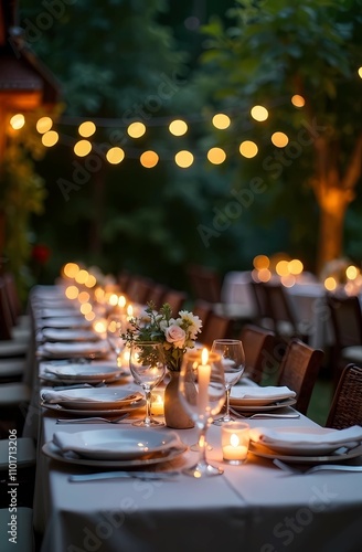 Outdoor dining area with elegant tables decorated with flowers, soft light and twinkling lights creating a cozy atmosphere