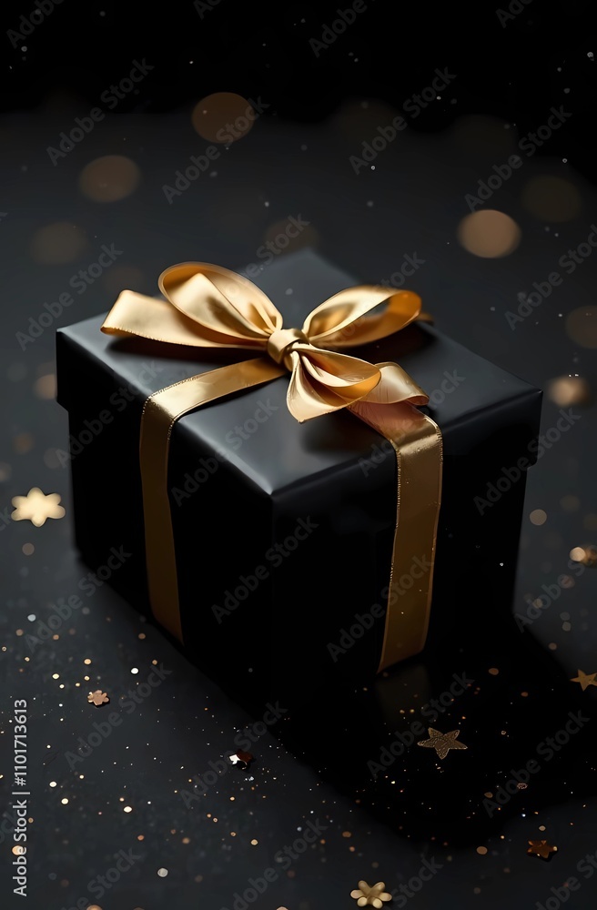 Black gift box with gold ribbon on a shiny black background. Christmas and New Year. Black Friday. Black gift box with gold ribbon on a shiny black background. Christmas and New Year. Black Friday.