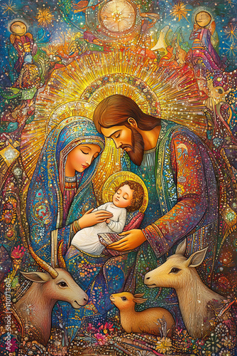 Icon of the Nativity of Christ, celestial background, Mary, Joseph, and baby Jesus surrounded by animals, radiant golden light