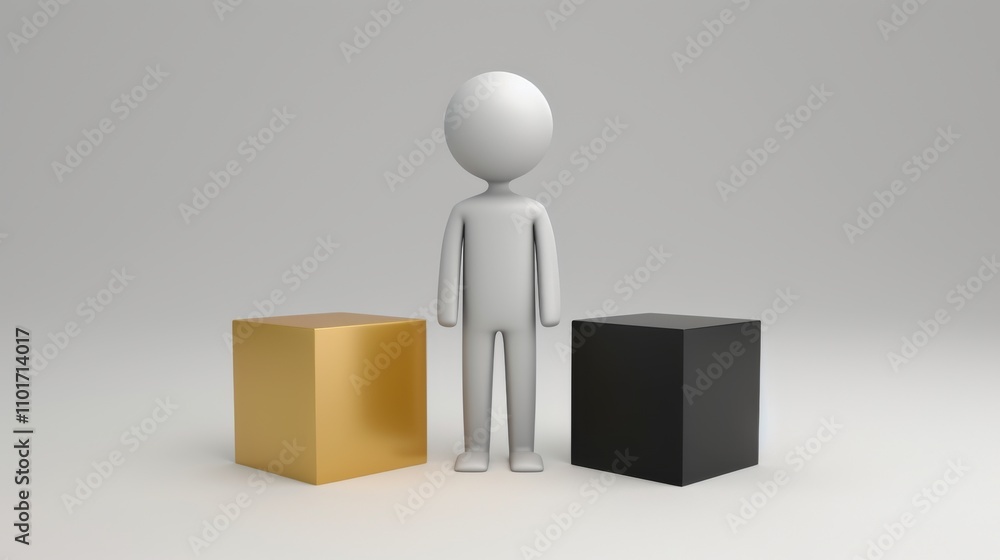 A minimalist figure stands centered between a black and a gold cube in a neutral space. The design's simplicity and the contrast between shapes and colors evoke themes of balance and decision-making. A minimalist figure stands centered between a black and a gold cube in a neutral space. The design's simplicity and the contrast between shapes and colors evoke themes of balance and decision-making.