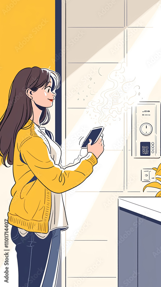 Young woman managing smart home technology with smartphone Young woman managing smart home technology with smartphone
