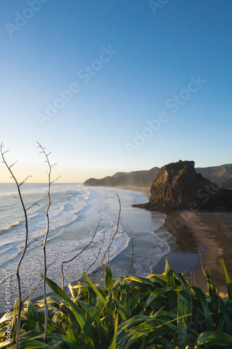 Sunset views from Tasman Lookout Track at Piha Beach, Auckland, New Zealand