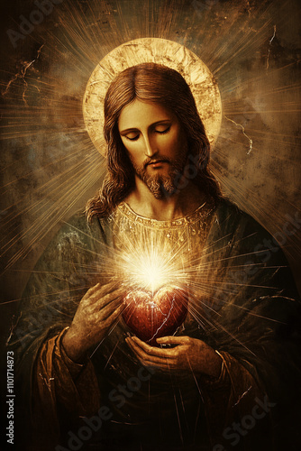 Jesus holding a radiant heart with golden light and sacred aura
