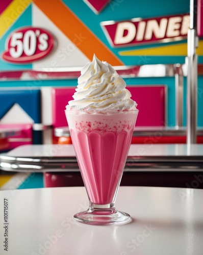 Vibrant retro fast food milkshake with whipped cream diner setting colorful background fun and playful concept. photo