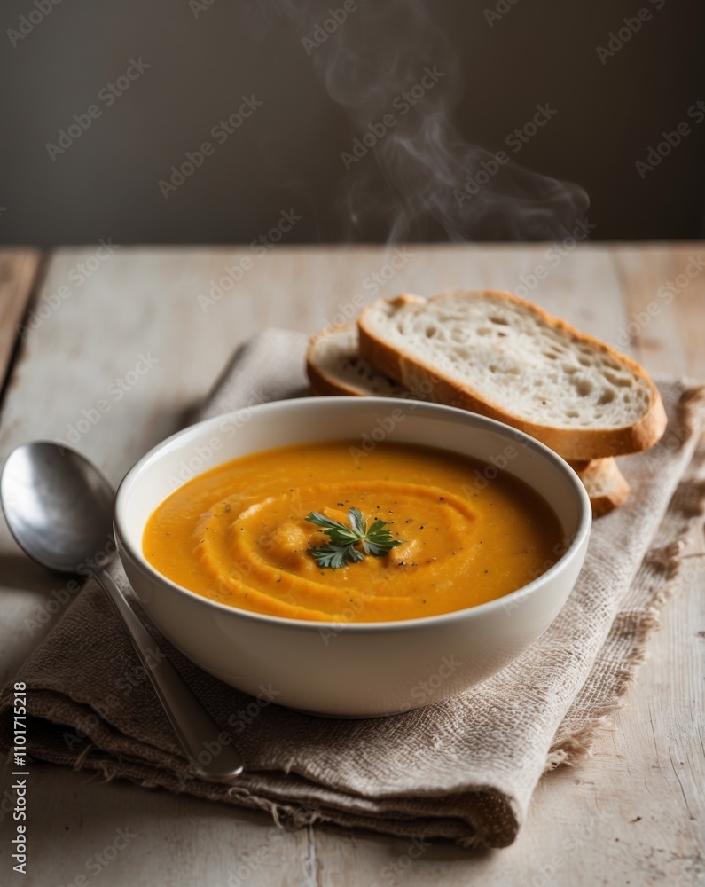 Steaming Butternut Squash Soup Served with Rustic Bread. Steaming Butternut Squash Soup Served with Rustic Bread.