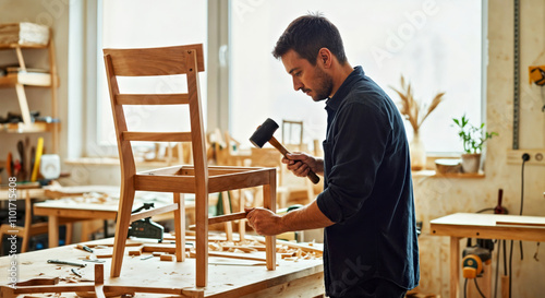 Artisan Crafting Wooden Chair in Workshop: Modern Design Meets Traditional Woodworking Techniques