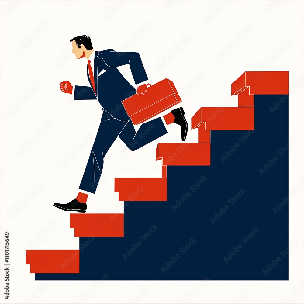 Ambitious businessman running up red stairway with briefcase Ambitious businessman running up red stairway with briefcase