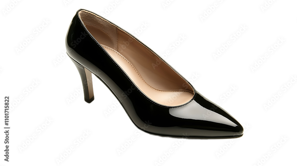 Heel, A single, elegant high-heeled shoe, black patent leather with a stiletto heel, isolated on a white backdrop. Heel, A single, elegant high-heeled shoe, black patent leather with a stiletto heel, isolated on a white backdrop.