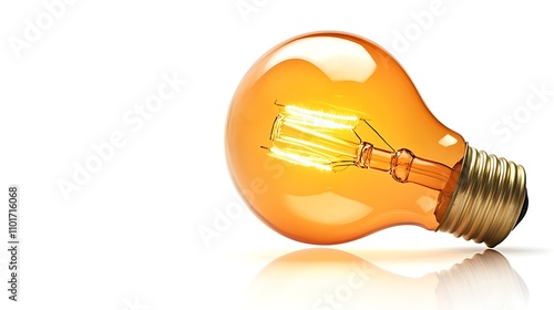 A classic incandescent light bulb, glowing softly with a warm yellow light, isolated on a bright background.