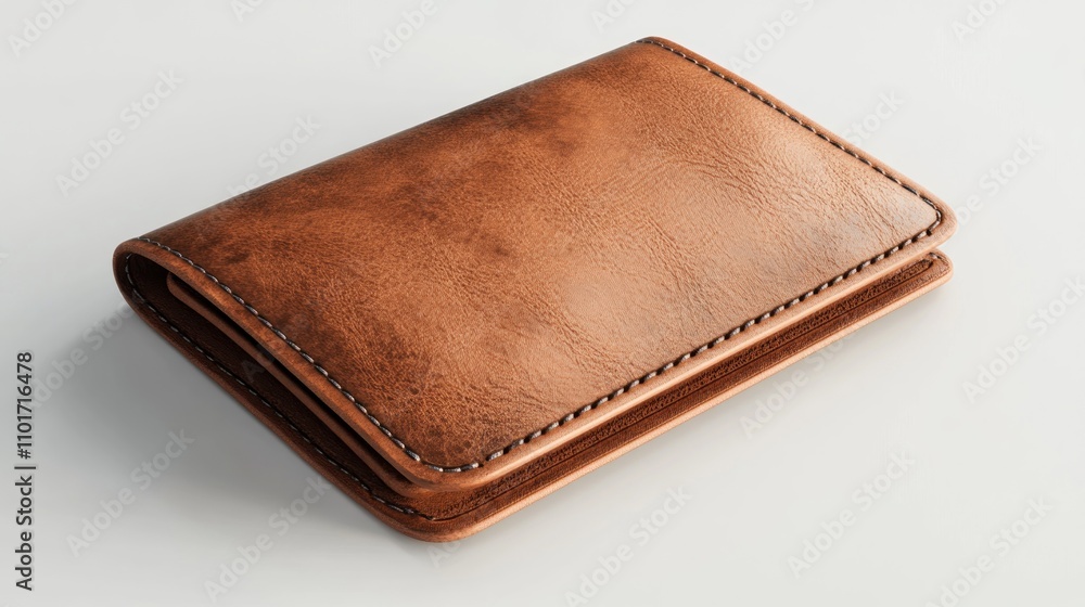 A Brown Leather Wallet Sits on a White Background A Brown Leather Wallet Sits on a White Background