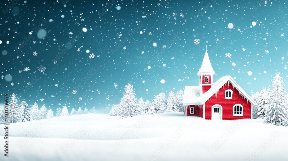 Snowy red and white village in a winter wonderland with falling snowflakes and a serene mountain backdrop Snowy red and white village in a winter wonderland with falling snowflakes and a serene mountain backdrop